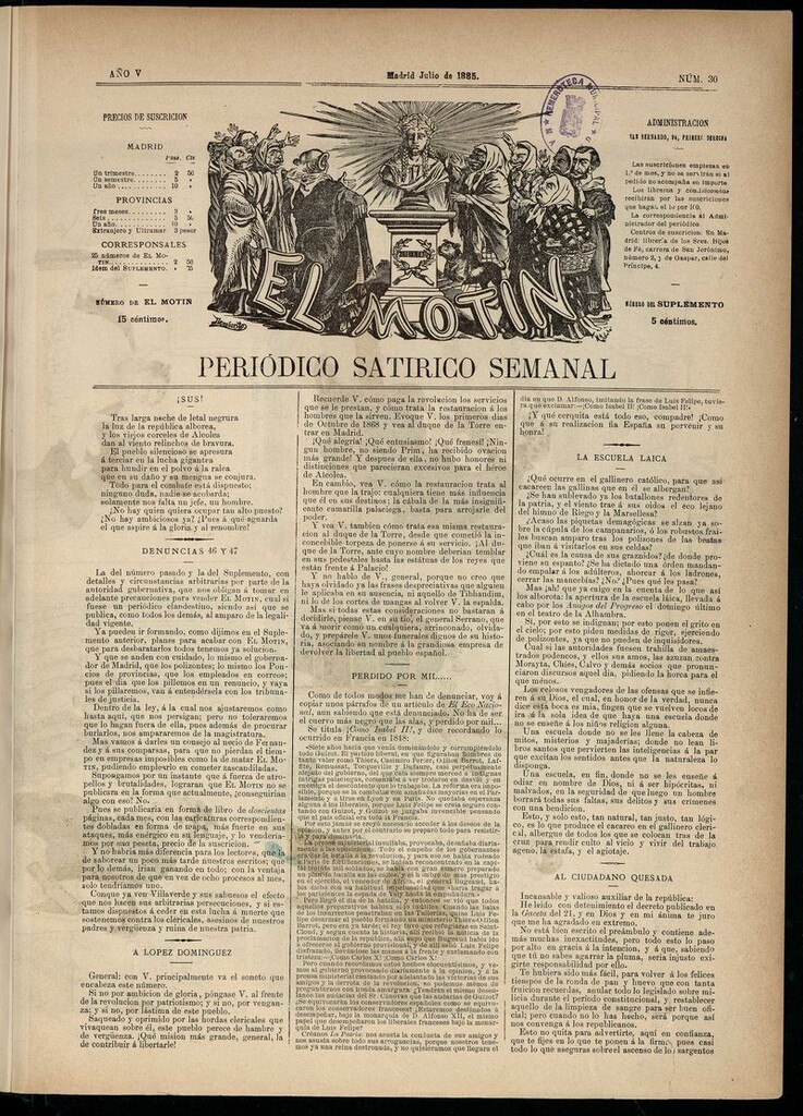 Miniatura de El Motín: periódico satírico semanal de julio de 1885. NÚM 30