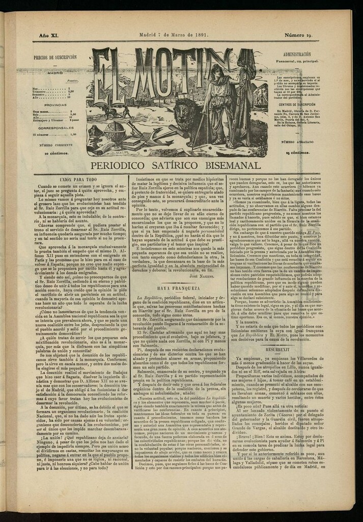 Miniatura de El Motín: periódico satírico semanal del 7 de marzo de 1891