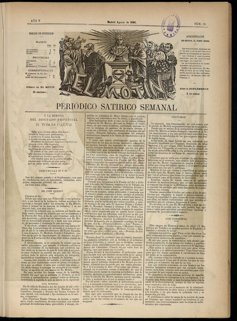 Miniatura de El Motín: periódico satírico semanal de agosto de 1885. NÚM 31