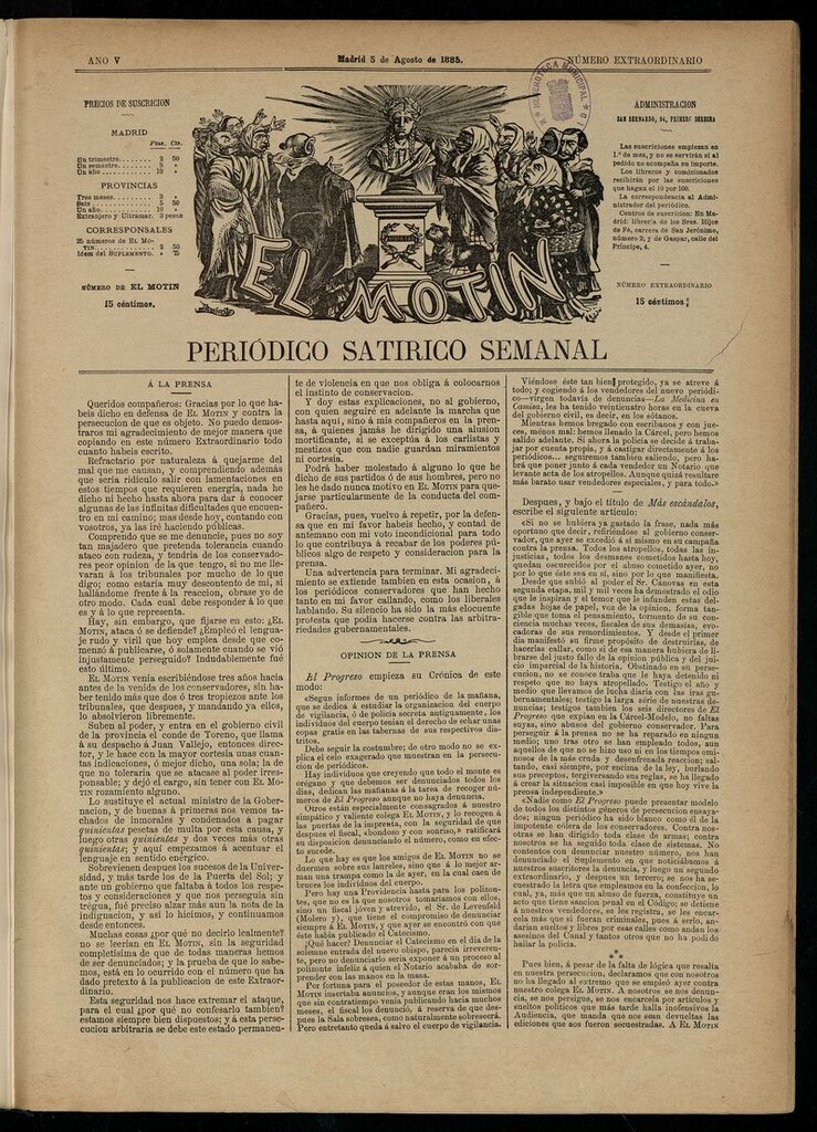 Miniatura de El Motín: periódico satírico semanal del 5 de agosto de 1885.