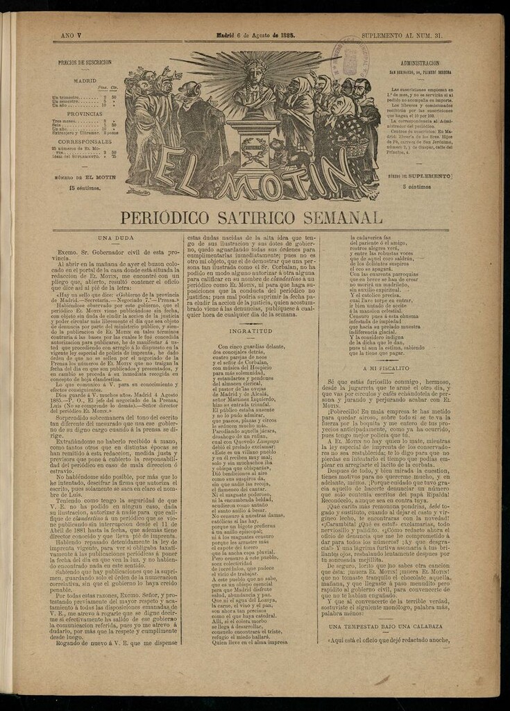 Miniatura de El Motín: periódico satírico semanal del 6 de agosto de 1885.