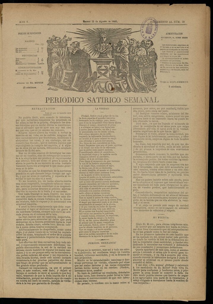 Miniatura de El Motín: periódico satírico semanal del 13 de agosto de 1885.