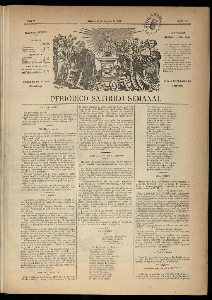 Miniatura de El Motín: periódico satírico semanal del 16 de agosto de 1885.