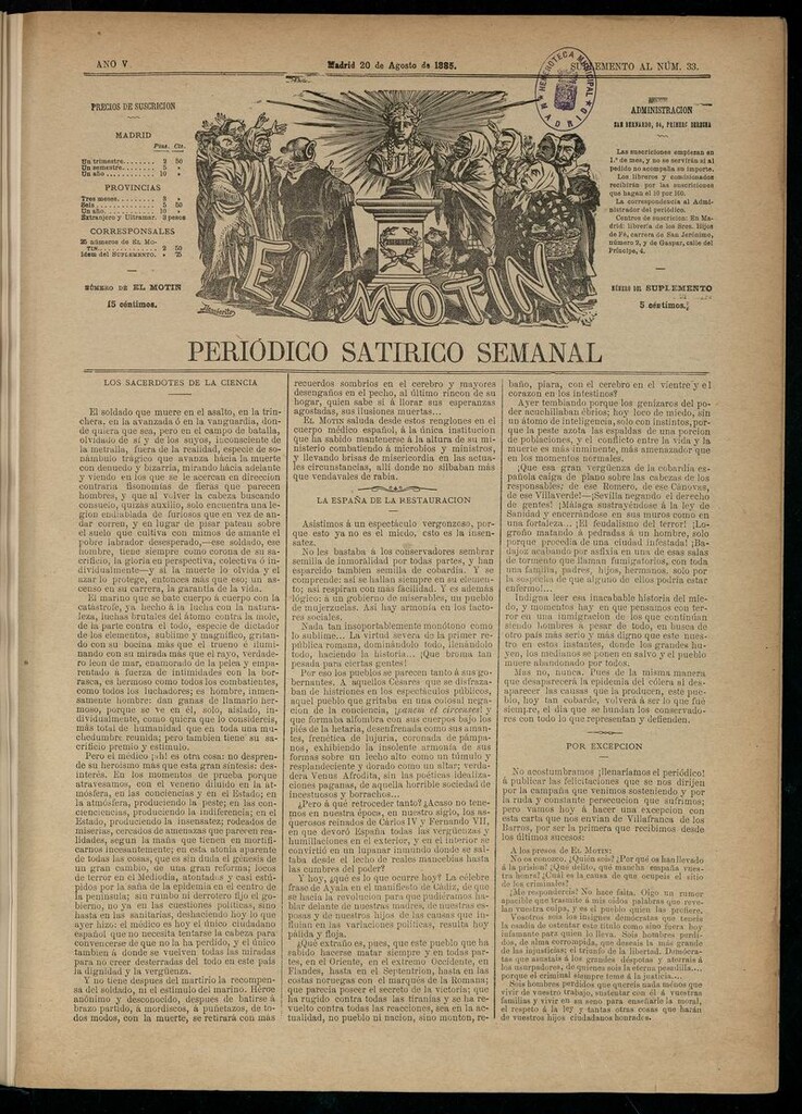 Miniatura de El Motín: periódico satírico semanal del 20 de agosto de 1885.