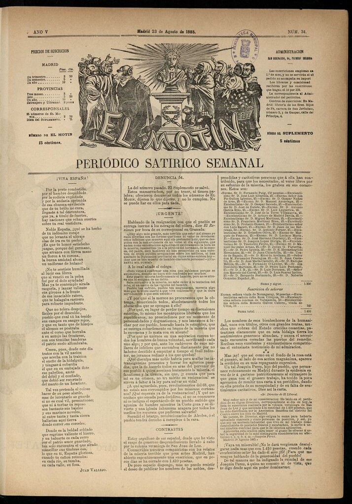 Miniatura de El Motín: periódico satírico semanal del 23 de agosto de 1885.