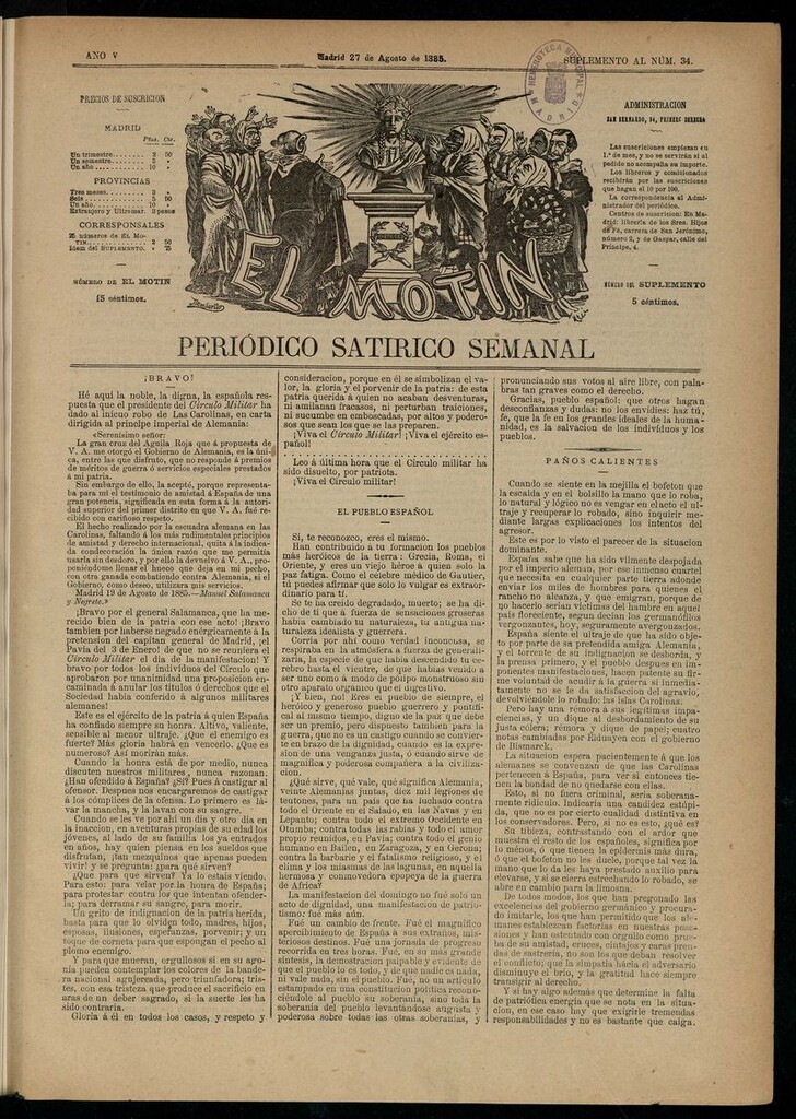 Miniatura de El Motín: periódico satírico semanal del 27 de agosto de 1885.