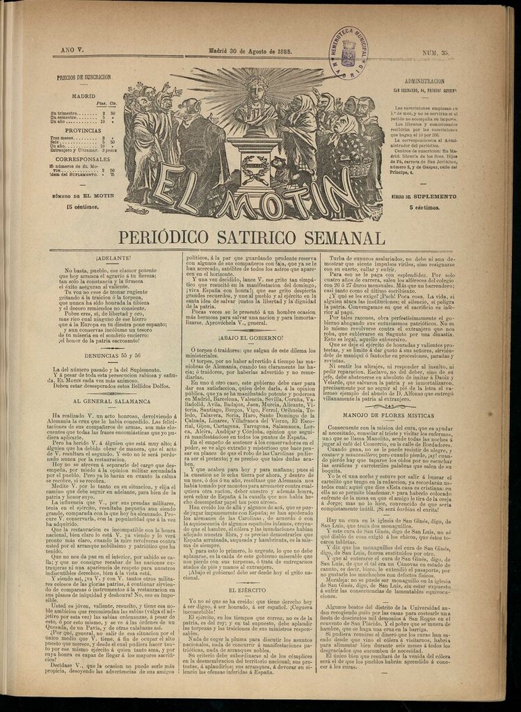 Miniatura de El Motín: periódico satírico semanal del 30 de agosto de 1885.