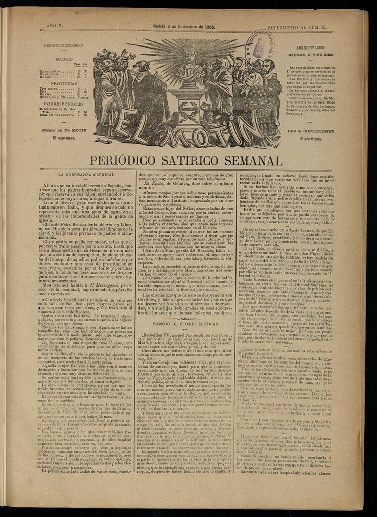 Miniatura de El Motín: periódico satírico semanal del 3 de septiembre de 1885.