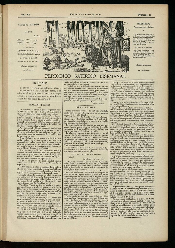 Miniatura de El Motín: periódico satírico semanal del 4 de abril de 1891