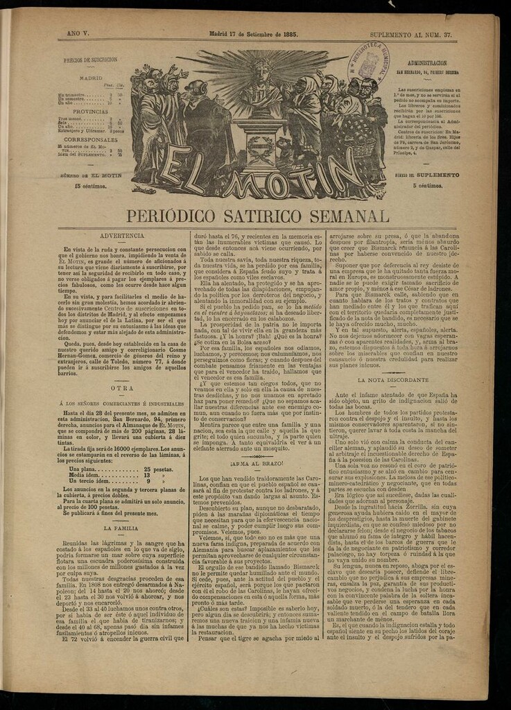 Miniatura de El Motín: periódico satírico semanal del 17 de septiembre de 1885.