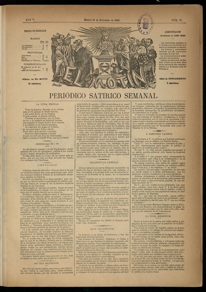 Miniatura de El Motín: periódico satírico semanal del 13 de septiembre de 1885