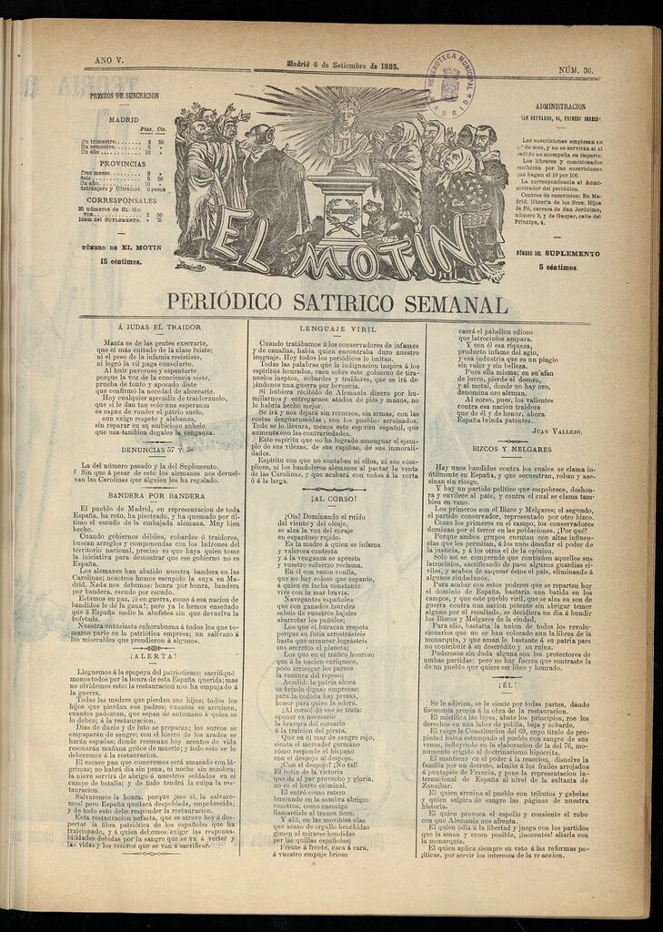Miniatura de El Motín: periódico satírico semanal del 6 de septiembre de 1885.