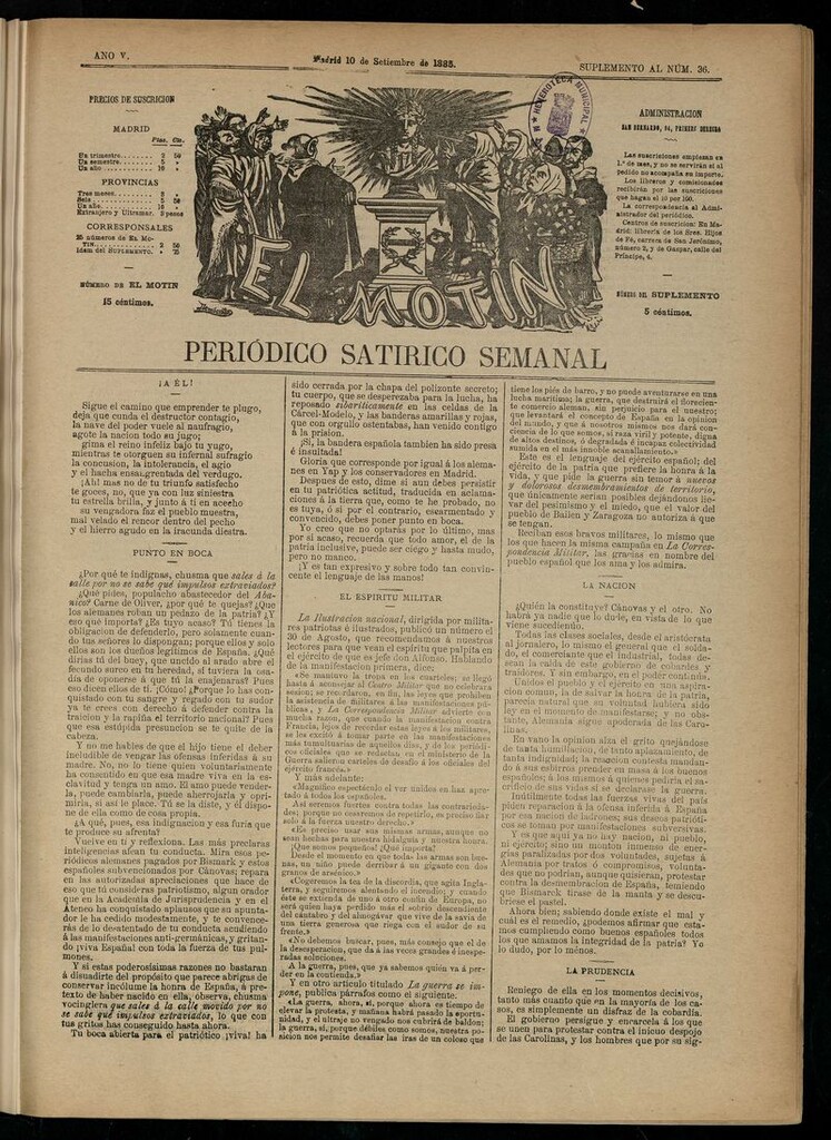 Miniatura de El Motín: periódico satírico semanal del 10 de septiembre de 1885.