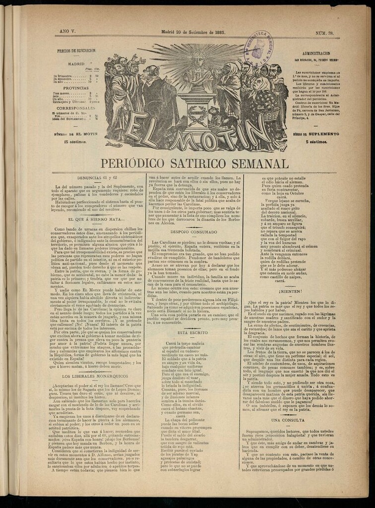 Miniatura de El Motín: periódico satírico semanal del 20 de septiembre de 1885.