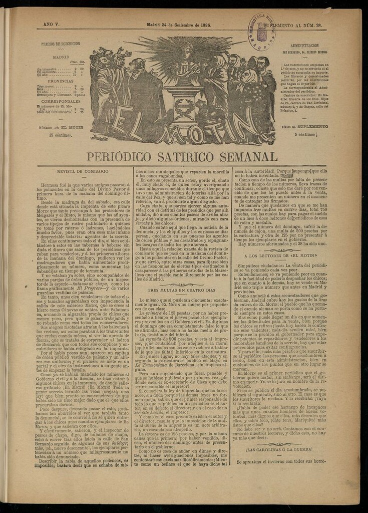 Miniatura de El Motín: periódico satírico semanal del 24 de septiembre de 1885.