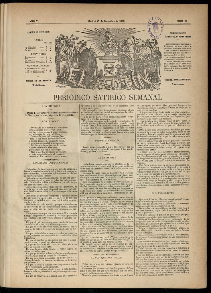 Miniatura de El Motín: periódico satírico semanal del 27 de septiembre de 1885.