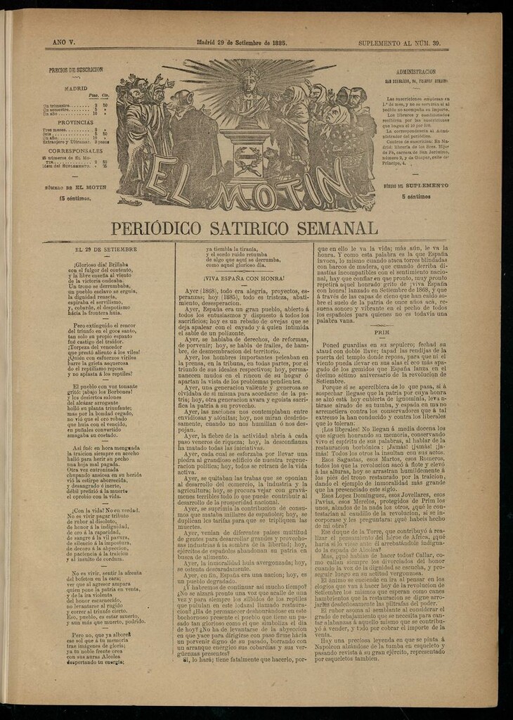 Miniatura de El Motín: periódico satírico semanal del 29 de septiembre de 1885.