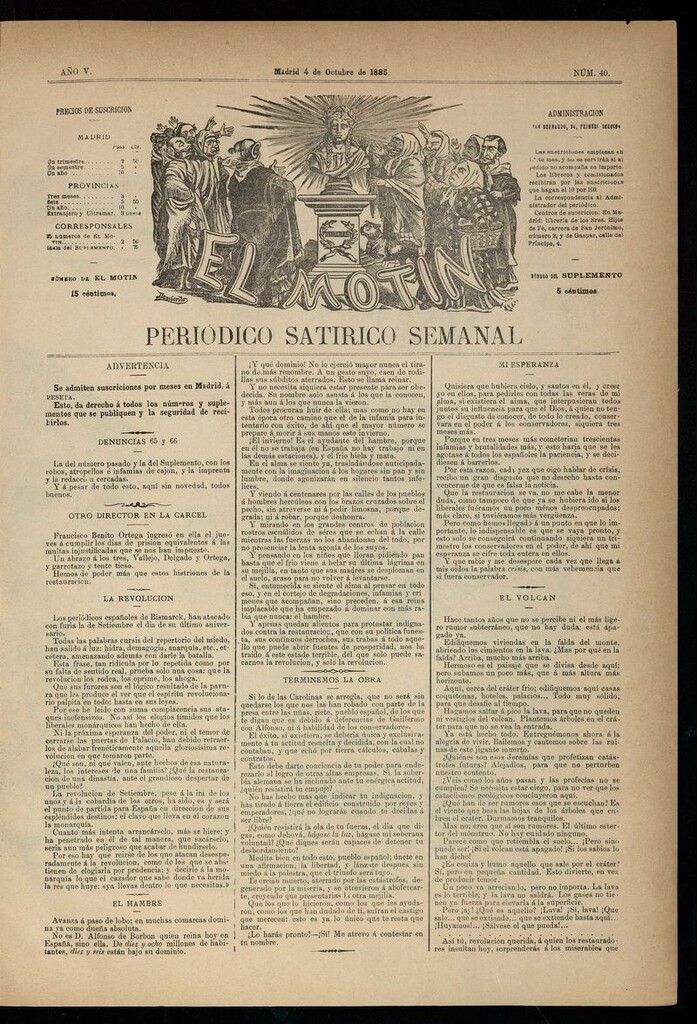 Miniatura de El Motín: periódico satírico semanal del 4 de octubre de 1885.