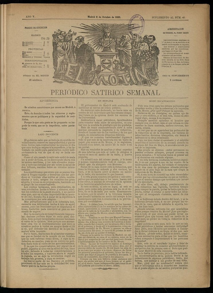 Miniatura de El Motín: periódico satírico semanal del 8 de octubre de 1885.