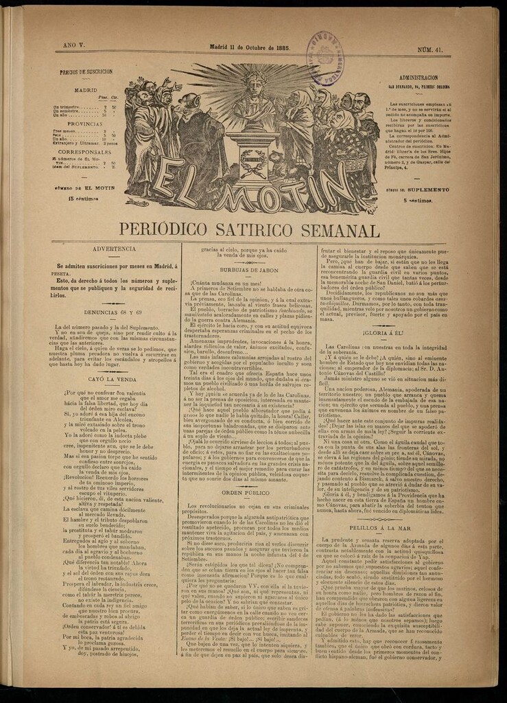 Miniatura de El Motín: periódico satírico semanal del 11 de octubre de 1885.