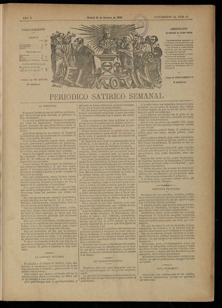 Miniatura de El Motín: periódico satírico semanal del 15 de octubre de 1885.