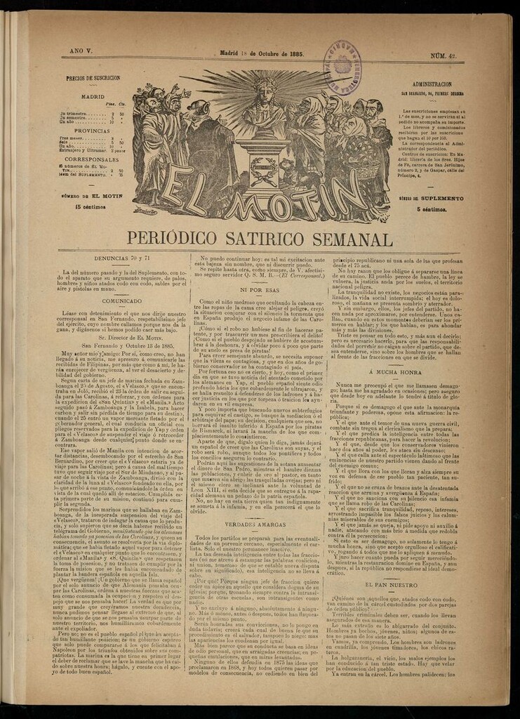 Miniatura de El Motín: periódico satírico semanal del 18 de octubre de 1885.