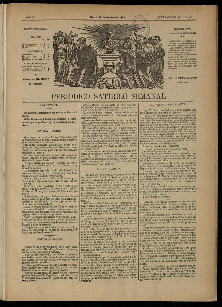 Miniatura de El Motín: periódico satírico semanal del 21 de octubre de 1885.