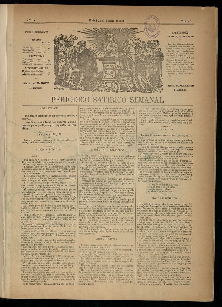 Miniatura de El Motín: periódico satírico semanal del 25 de octubre de 1885.