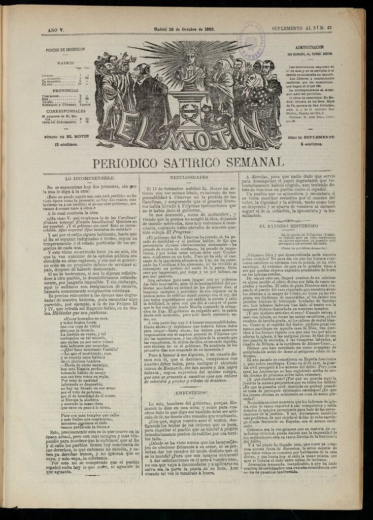 Miniatura de El Motín: periódico satírico semanal del 28 de octubre de 1885.