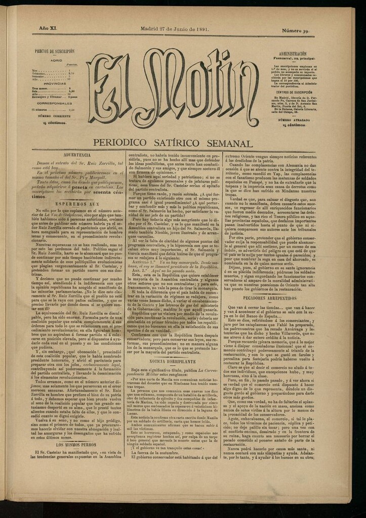 Miniatura de El Motín: periódico satírico semanal del 27 de junio de 1891
