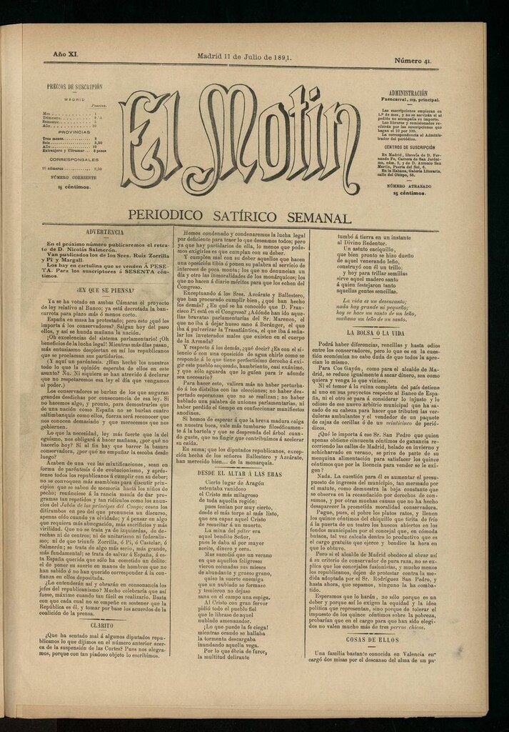 Miniatura de El Motín: periódico satírico semanal del 11 de julio de 1891