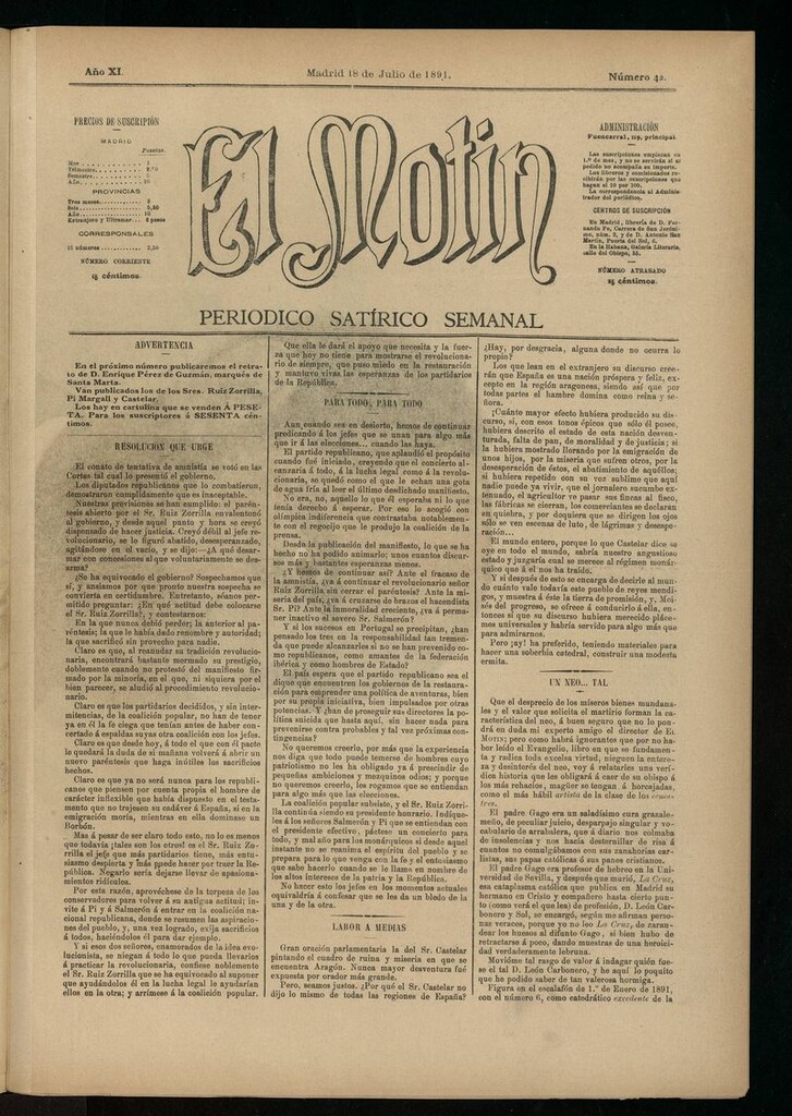 Miniatura de El Motín: periódico satírico semanal del 18 de julio de 1891