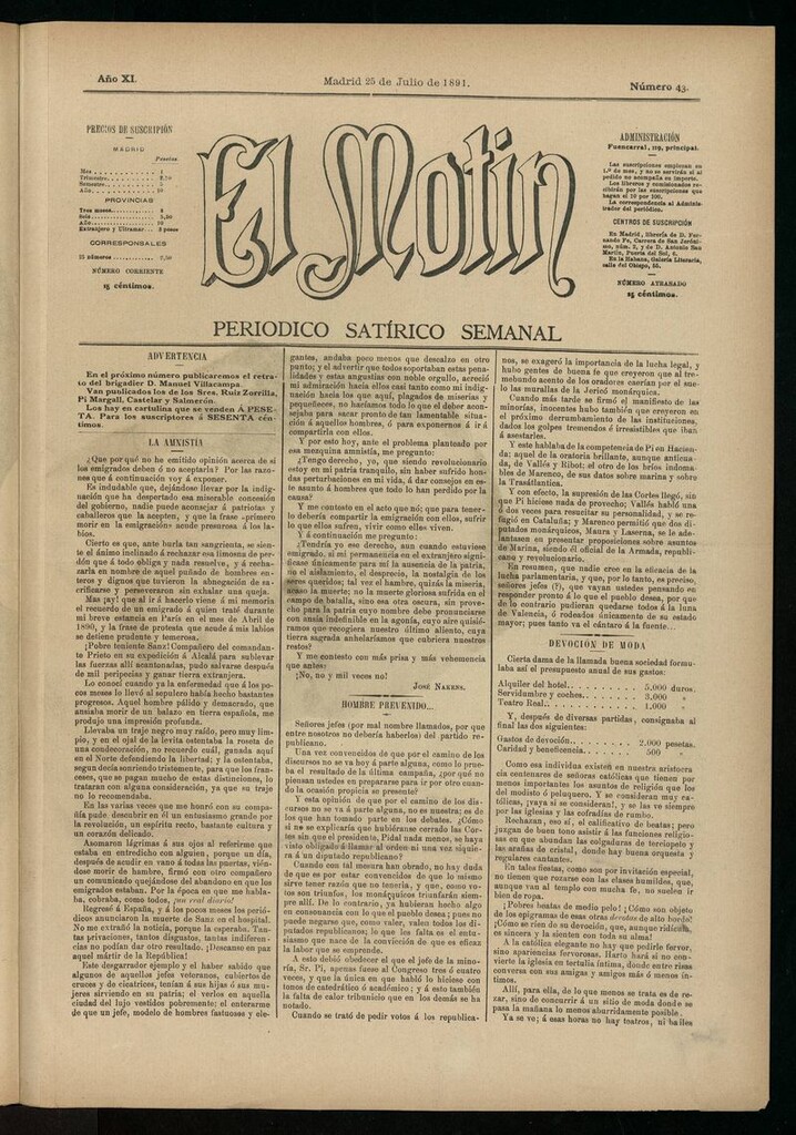 Miniatura de El Motín: periódico satírico semanal del 25 de julio de 1891