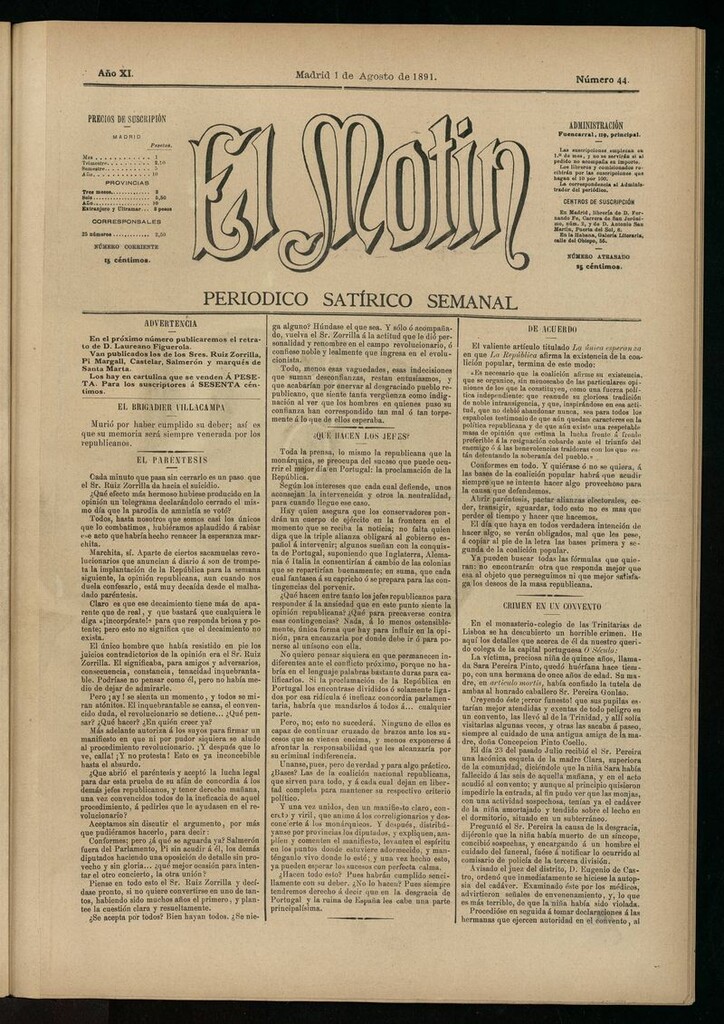 Miniatura de El Motín: periódico satírico semanal del 1 de agosto de 1891