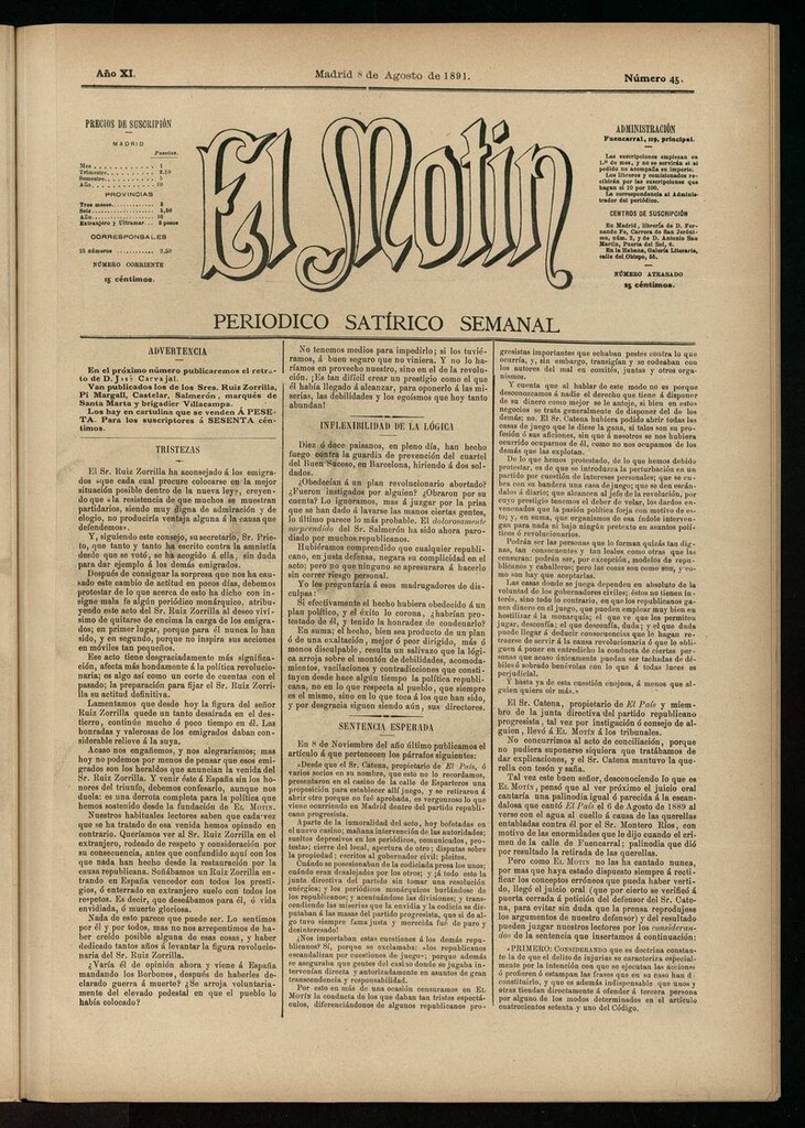 Miniatura de El Motín: periódico satírico semanal del 8 de agosto de 1891