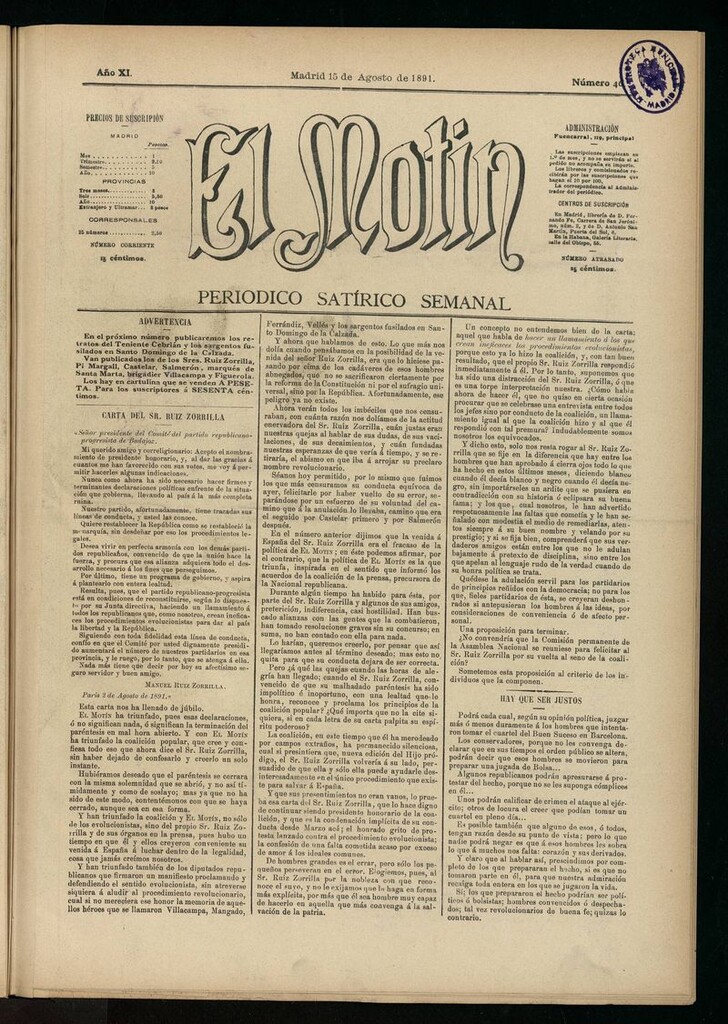 Miniatura de El Motín: periódico satírico semanal del 15 de agosto de 1891