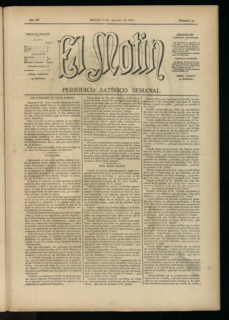 Miniatura de El Motín: periódico satírico semanal del 22 de agosto de 1891