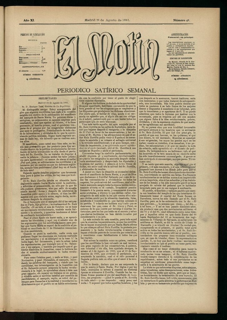Miniatura de El Motín: periódico satírico semanal del 29 de agosto de 1891