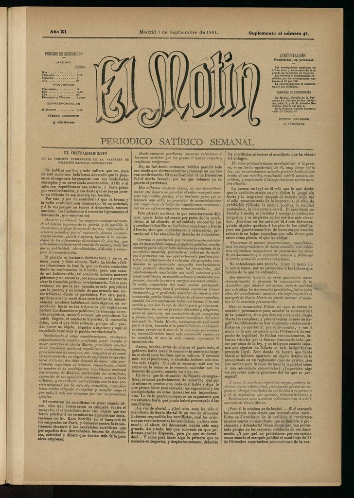 Miniatura de El Motín: periódico satírico semanal del 3 de septiembre de 1891