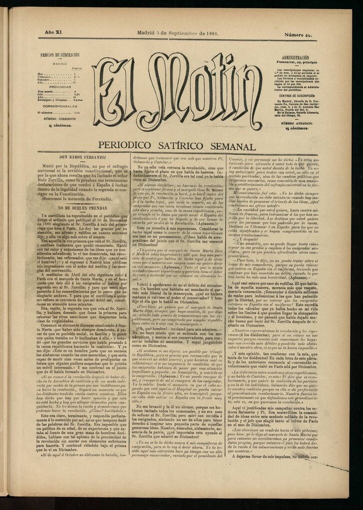 Miniatura de El Motín: periódico satírico semanal del 5 de septiembre de 1891