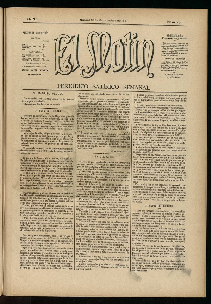Miniatura de El Motín: periódico satírico semanal del 12 de septiembre de 1891