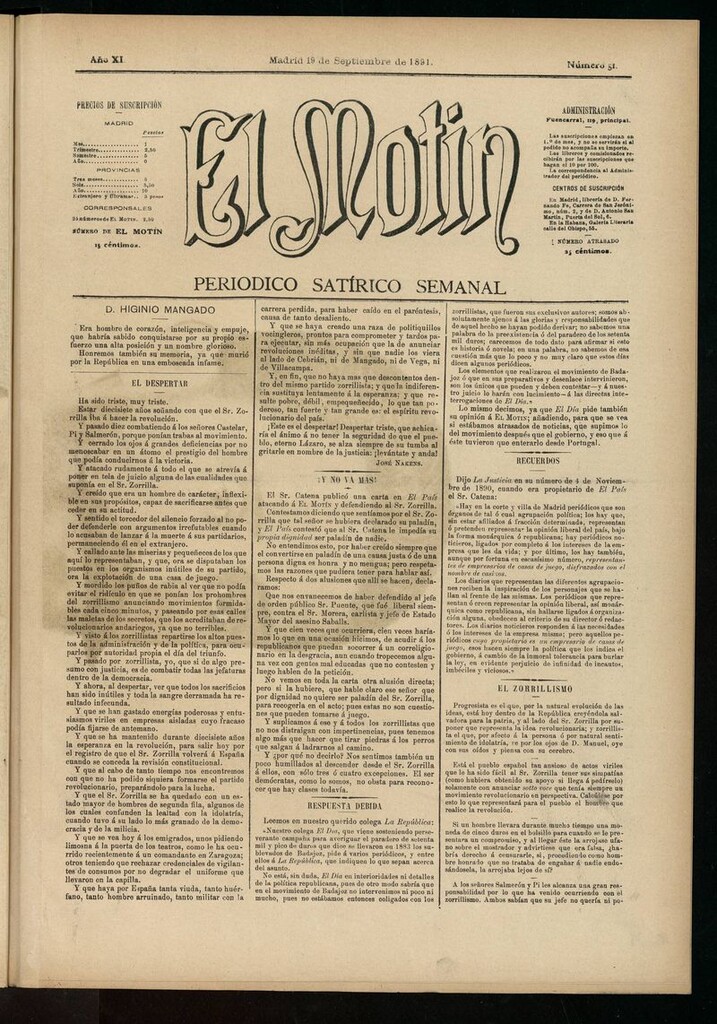 Miniatura de El Motín: periódico satírico semanal del 19 de septiembre de 1891