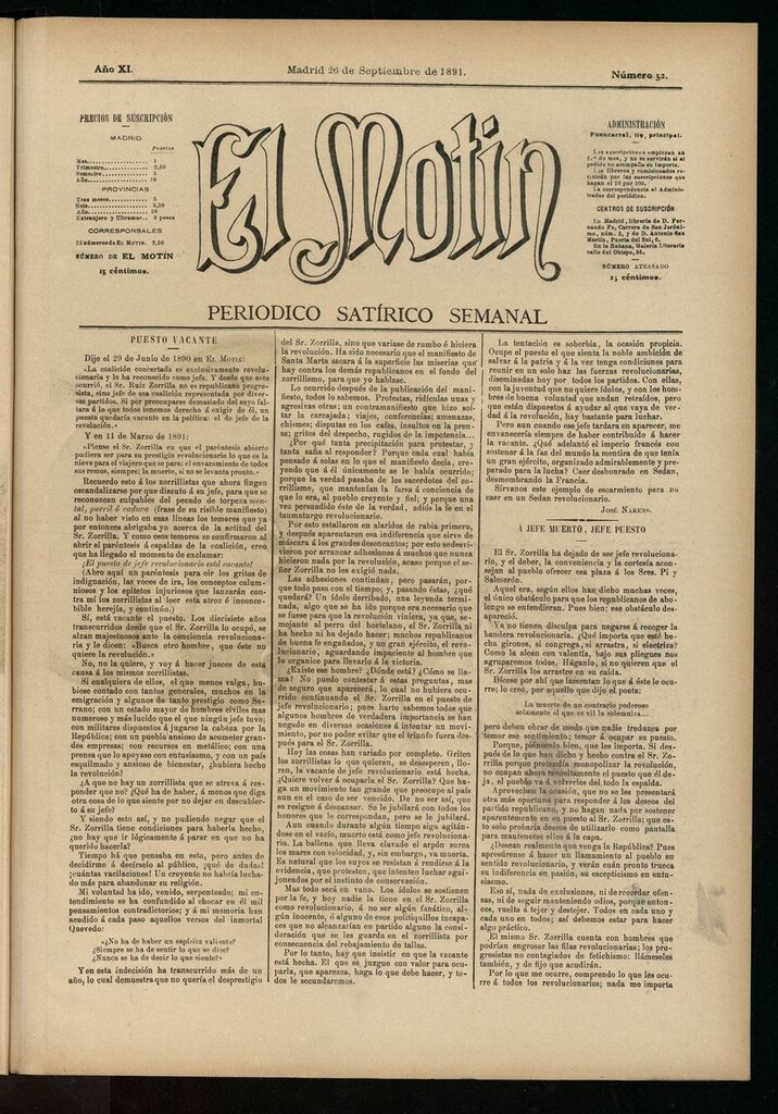 Miniatura de El Motín: periódico satírico semanal del 26 de septiembre de 1891