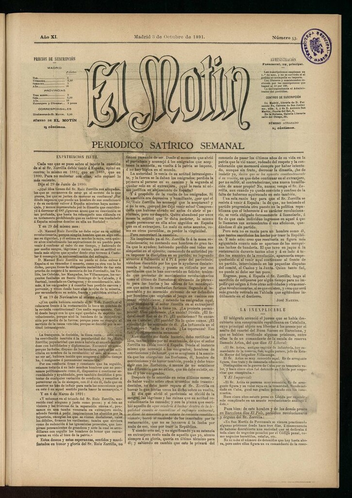 Miniatura de El Motín: periódico satírico semanal del 3 de octubre de 1891