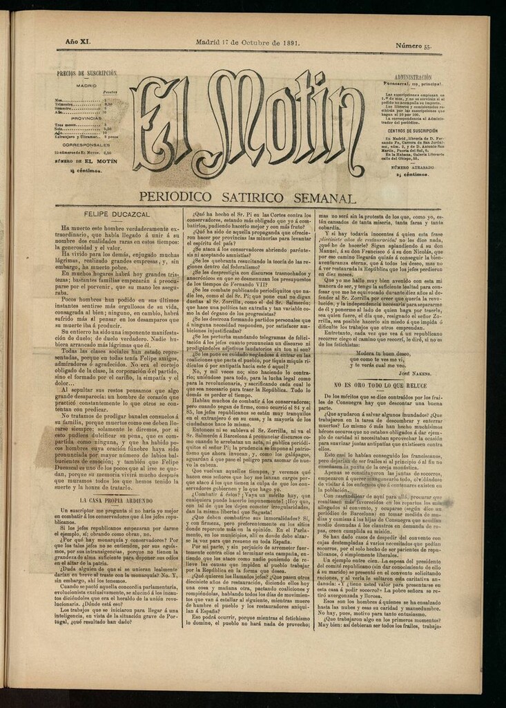 Miniatura de El Motín: periódico satírico semanal del 17 de octubre de 1891