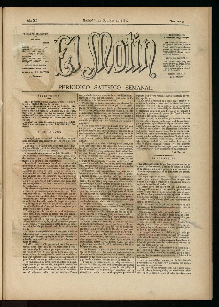 Miniatura de El Motín: periódico satírico semanal del 31 de octubre de 1891