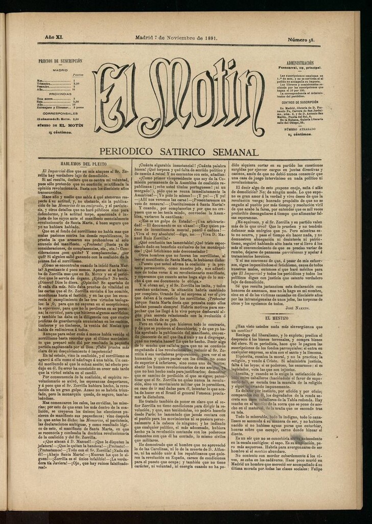 Miniatura de El Motín: periódico satírico semanal del 7 de noviembre de 1891