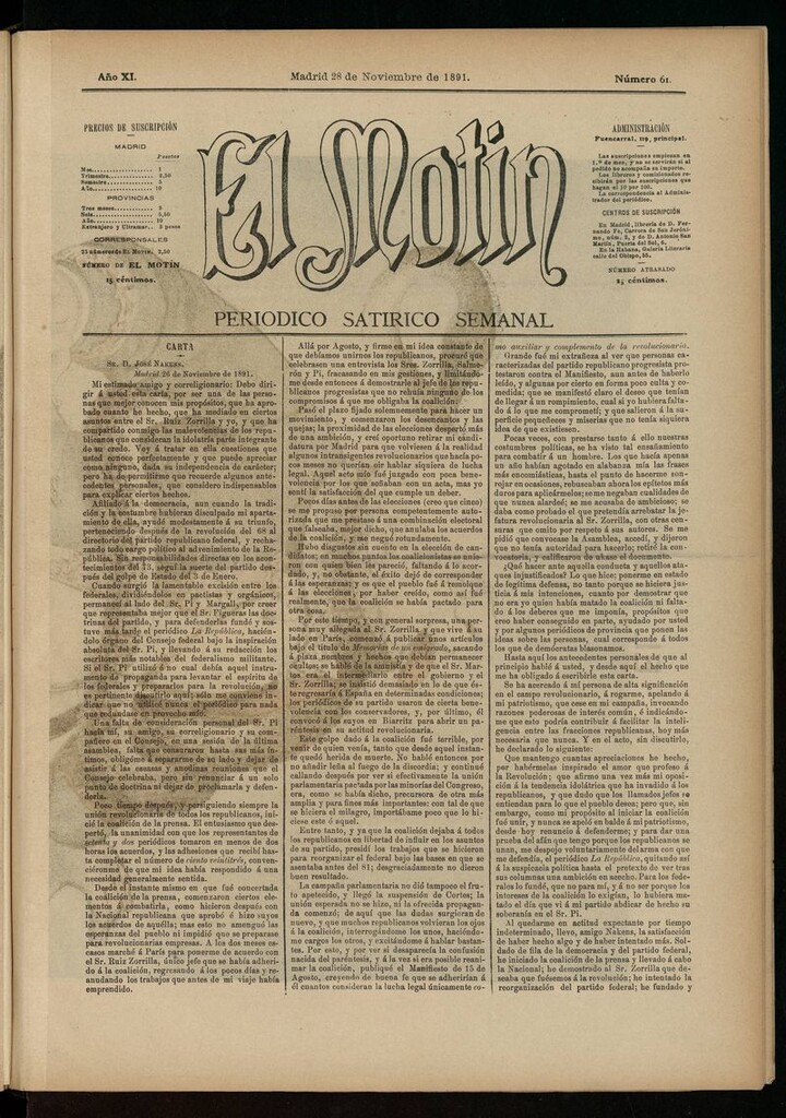 Miniatura de El Motín: periódico satírico semanal del 28 de noviembre de 1891