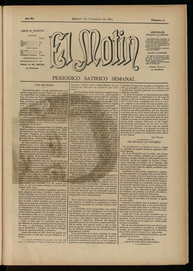 Miniatura de El Motín: periódico satírico semanal del 5 de diciembre de 1891