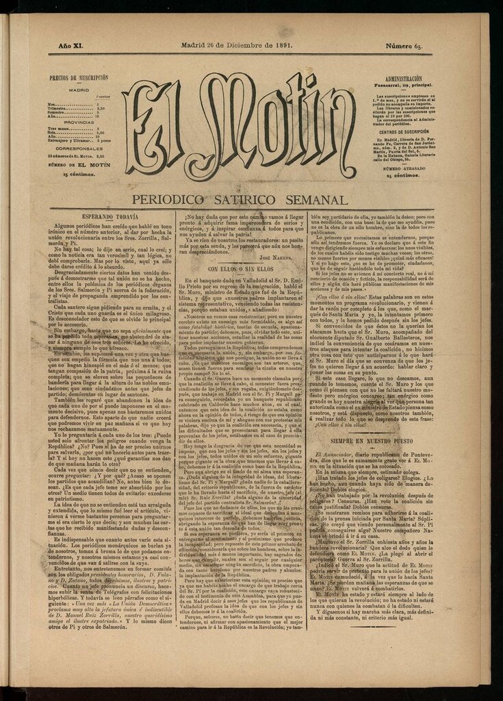 Miniatura de El Motín: periódico satírico semanal del 26 de diciembre de 1891